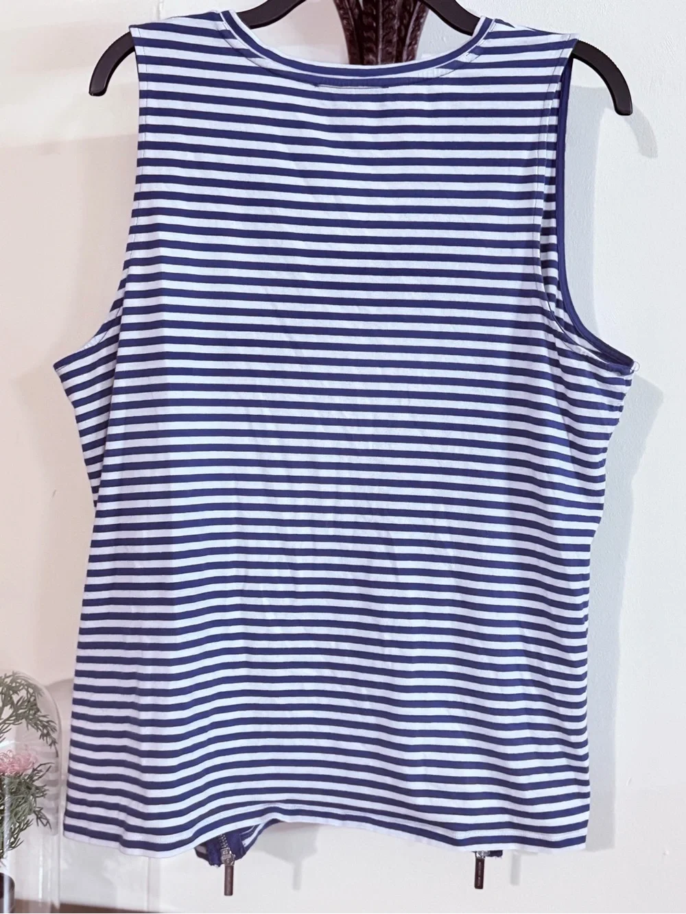 Michael Kors XL Blue White Striped Sleeveless V-Neck Zip Hem Tank Top Preppy
